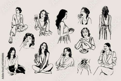 Illustrated collection of women enjoying food and drinks