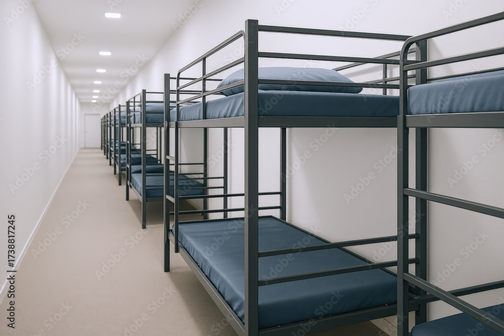 Fototapeta premium Bunk Beds in a Dormitory Setting: Hostel, Barracks, or Affordable Housing Interior Design