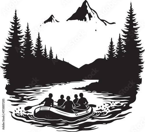 Black silhouette of people rafting on a river with mountains and trees