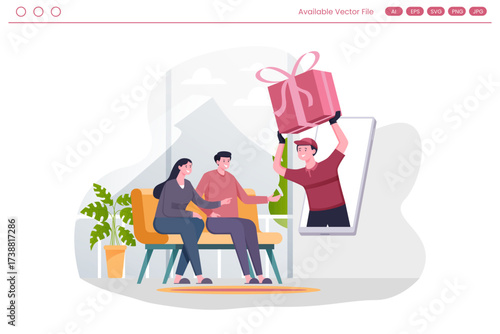 Illustration of a delivery driver handing a gift through a screen