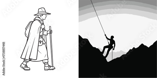 Outdoor Adventure Illustrations: Hiker with Staff and Mountain Climber Rappelling