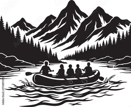 Five people in a raft on a lake with mountains and trees