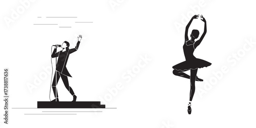 Stylized Silhouettes of Singer and Ballerina Illustrating Performing Arts