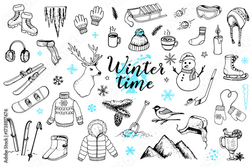 Handdrawn winter scene with diverse winter activities and elements