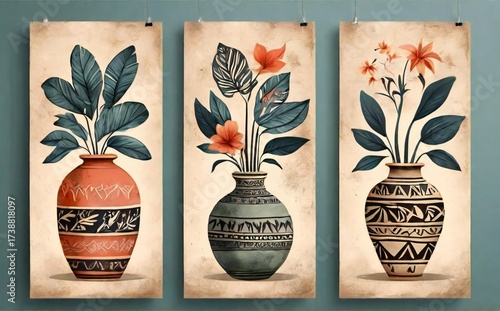 Three vertical botanical illustrations of potted plants in decorative vases