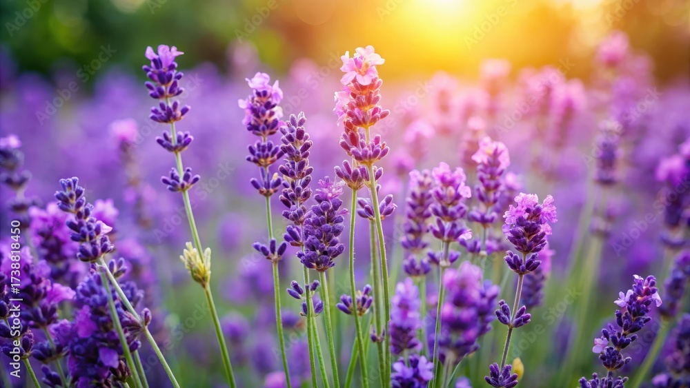 Obraz premium Fragrant purple flowers of lavender plant growing in a garden