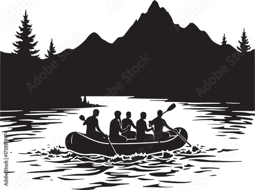 Five people in a raft paddling on a lake with mountains and trees
