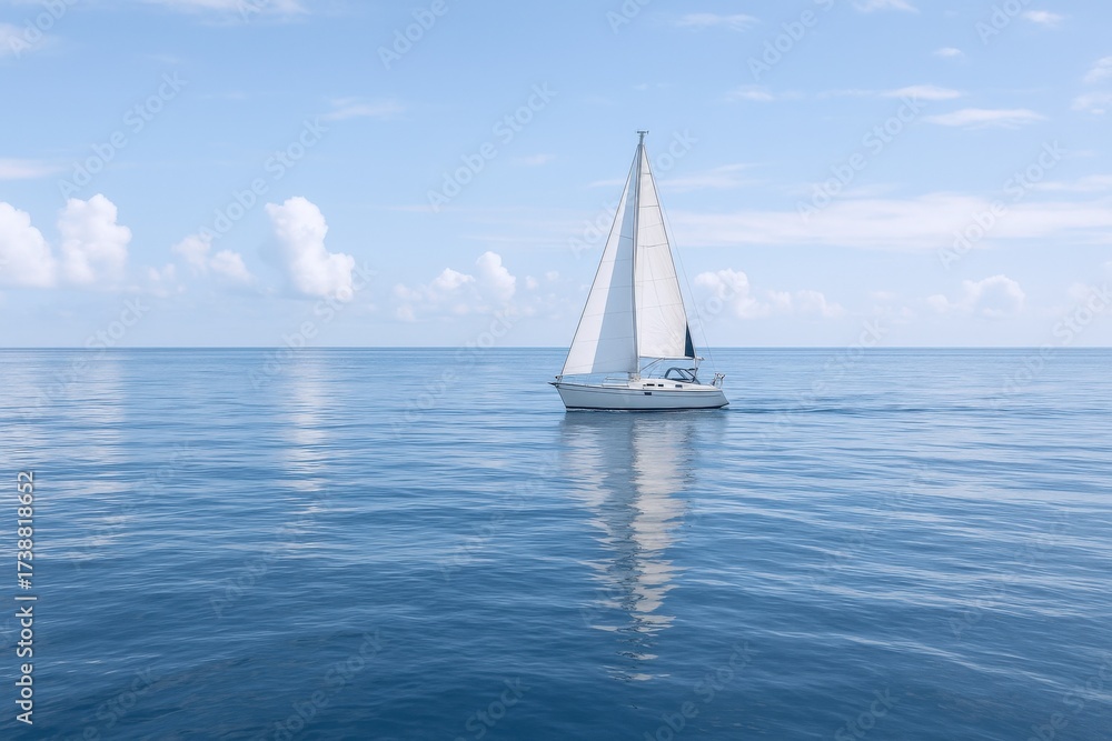 Obraz premium White Sailboat Gliding on Calm Blue Ocean: A Serene Marine Scene with Clear Skies