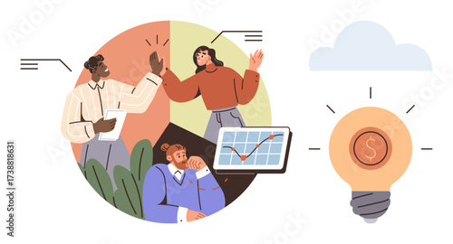 Diverse team brainstorming on productivity solutions, analyzing financial growth chart, celebrating success. Light bulb signifies innovation and profit. Ideal for teamwork, leadership, innovation