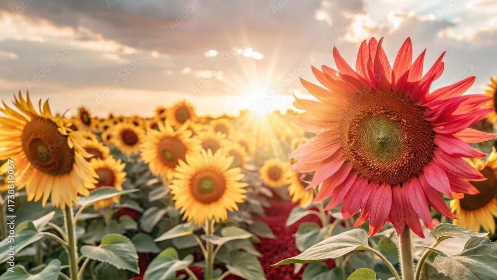 Fototapeta premium Warm light on a field of sunflowers