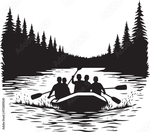 Five people in a raft paddling on a river with pine trees