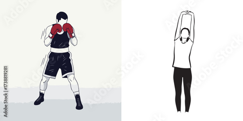 Illustration of Boxing and Stretching Exercises for Fitness and Wellness