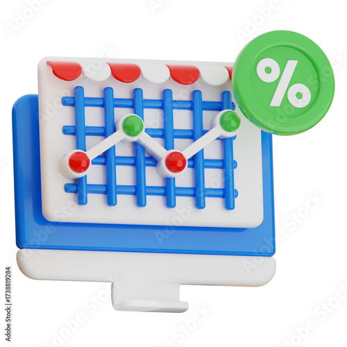 Stock Market Data Analysis on Computer Screen with Green Percentage Coin and Graph