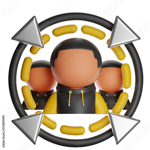 Stylized 3D Render of Group of People Surrounded by Arrows in Black Circle on Transparent Background