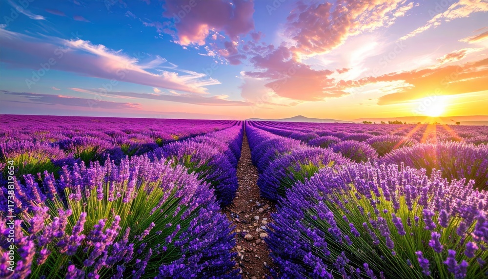 Naklejka premium Scenic Lavender Field Under a Vibrant Sunset with Blue Sky and Clouds in Countryside Landscape