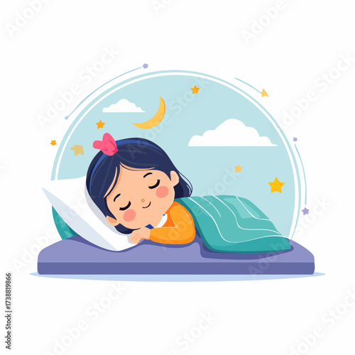 A cute cartoon girl sleeping peacefully on a pillow under a blanket with a pink bow in her hair, surrounded by a whimsical night sky with stars, moon, and clouds, in a dreamy, flat, digital 