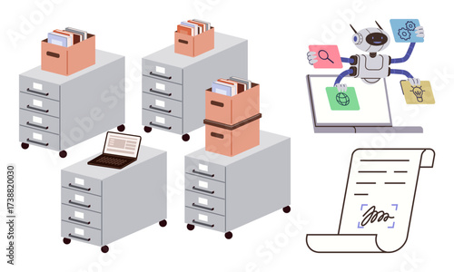 Filing cabinets filled with documents, a laptop on top, a robot managing digital tools, and a signed document. Ideal for AI, automation, filing systems, digital transformation, productivity