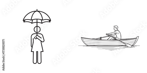 Line Art Icons: Person with Umbrella and Man Rowing Boat