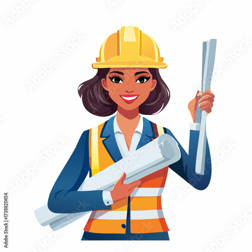 Cartoon female engineer wearing yellow hard hat and safety vest holding blueprints smiling confidently on construction site background