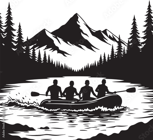 Four people in a raft on a lake with mountains and pine trees