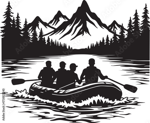 Four people in a raft on a lake with mountains and trees
