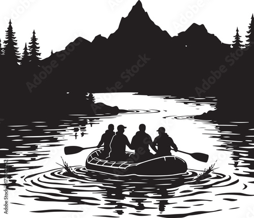 Four people in a raft on a river with mountains and trees