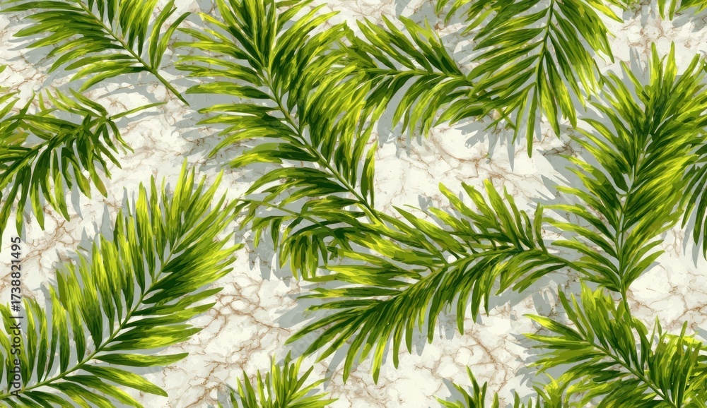 Fototapeta premium Vibrant green palm fronds artfully arranged against a backdrop of light beige marble, creating a tropical design.