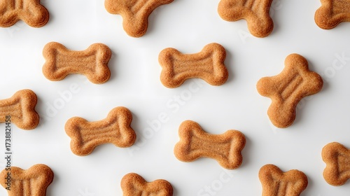 Pattern of dog biscuit bone cookies on white background top view