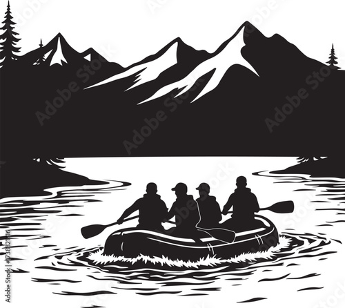 Four people in a raft paddling down a river with mountains