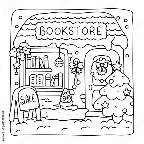 Bold and Easy Christmas Coloring Pages, christmas street scene with Santa Claus in Christmas sleigh with reindeer flying over Victorian style houses, shops and other buildings in the snow. vector art 