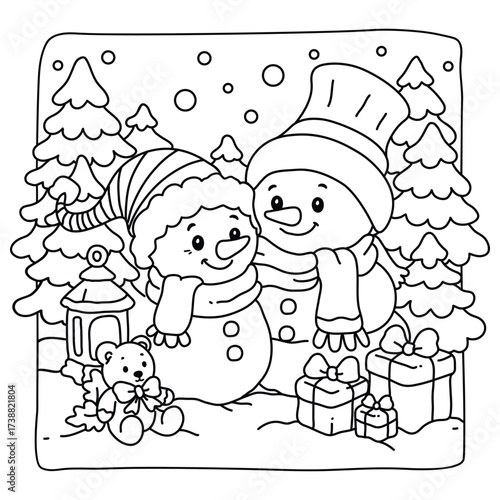 Bold and Easy Christmas Coloring Pages, christmas street scene with Santa Claus in Christmas sleigh with reindeer flying over Victorian style houses, shops and other buildings in the snow. vector art 