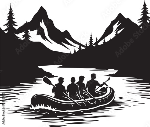 Four people in a raft paddling down a river with mountains and trees