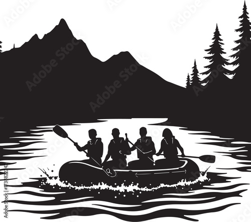 Four people in a raft paddling down a river with mountains and trees