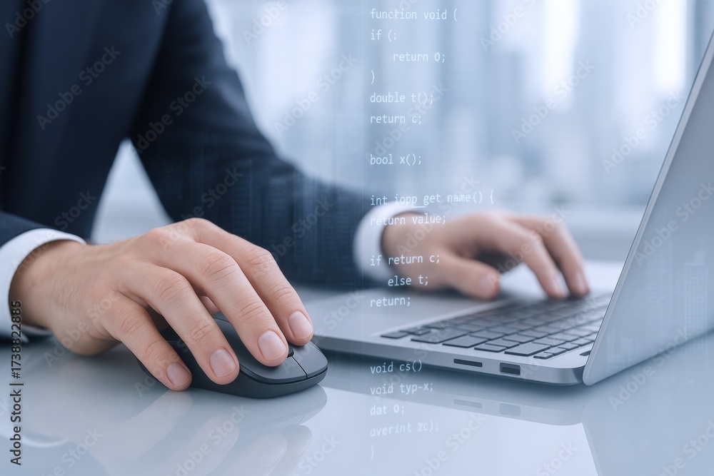 Fototapeta premium Coding Professional Working on Laptop, Programming Code Overlay, Illustrating Software Development and Cybersecurity Solutions