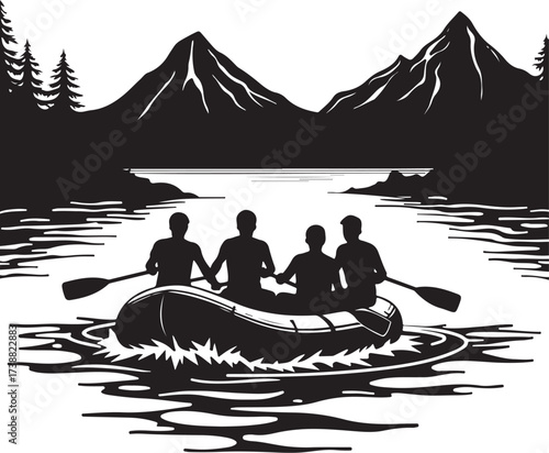 Four people in a raft paddling on a lake with mountains