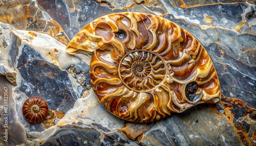 Fossilized ammonite on marbled stone