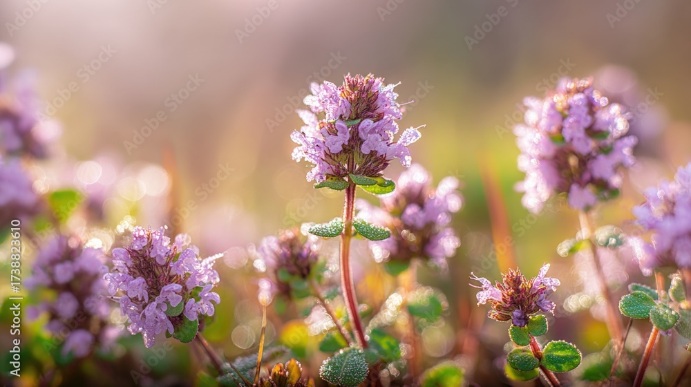 Naklejka premium Blooming Thyme Flowers in a Field: Aromatic Herb, Natural Beauty, and Floral Essence