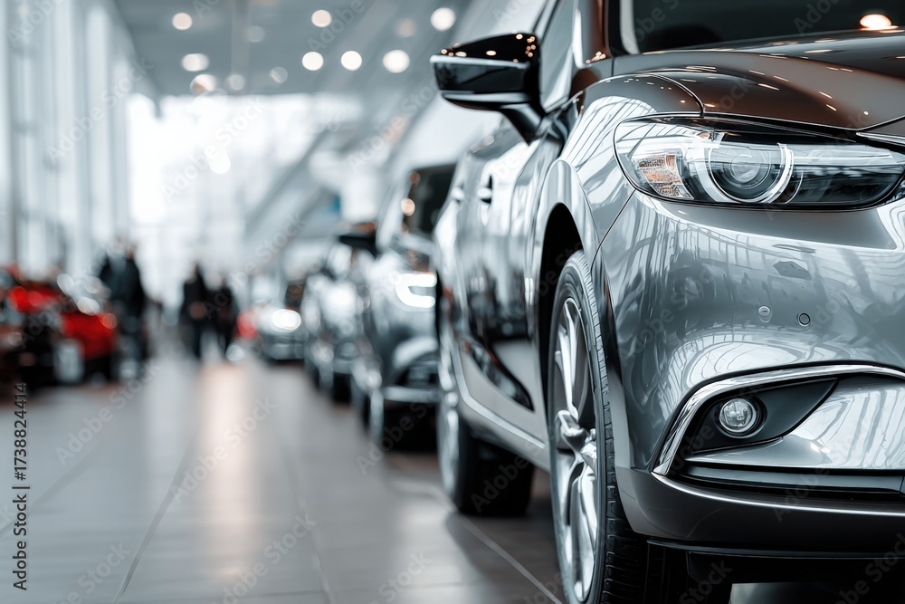 Fototapeta premium Modern Cars Displayed in Showroom: Automotive Industry, Vehicle Sales and Dealership Environment with Contemporary Design
