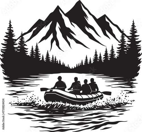 Four people in raft on river with mountains and trees