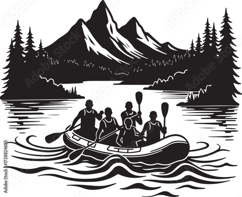 People in raft paddling on water with mountains and trees