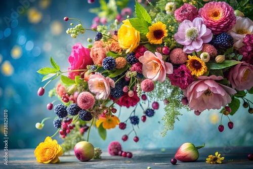 Vibrant pink purple yellow flowers berries lush greenery abundant floral arrangement delightful composition