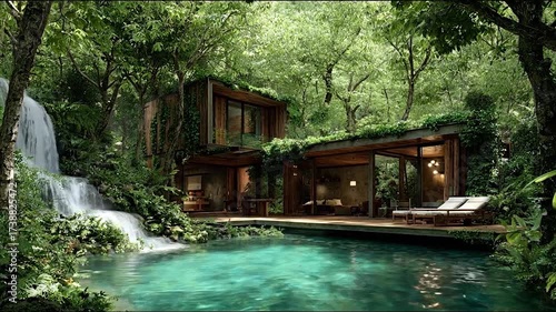 Lush forest lodge with pool and waterfall serene landscape