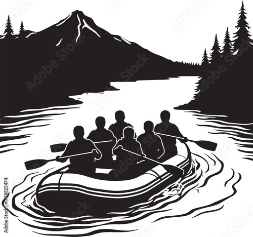 Six people in a raft paddling down a river with mountains and trees