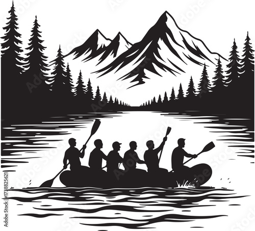 Six people in raft paddling on water with mountains and trees