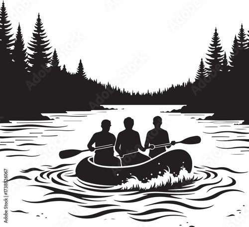 Three people in a raft paddling on a lake with pine trees