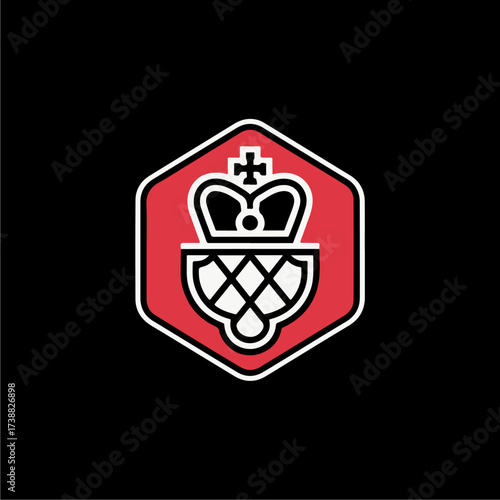 Emblem featuring a crown atop a stylized hop cone, enclosed within a red hexagon with a black outline.