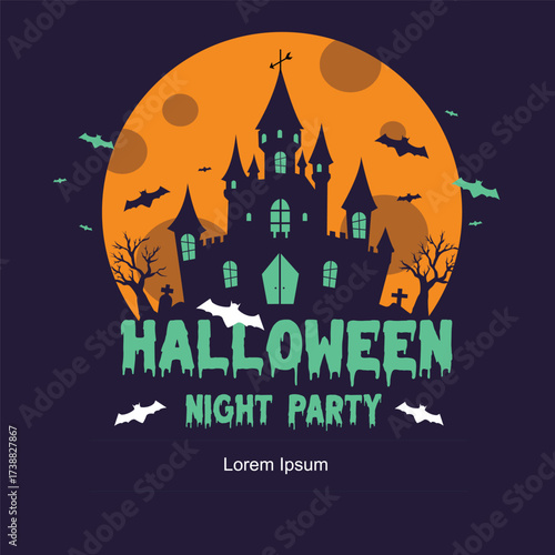 Halloween party invitation with haunted house and graveyard. Vector illustration
