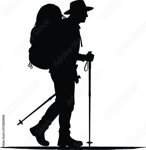 Silhouette of hiker with backpack and trekking poles, outdoor adventure traveler walking, hiking exploration, camping journey, mountain expedition illustration