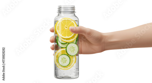 A person's hand holding a clear reusable bottle of refreshing lemon and cucumber infused detox water against a clean white background