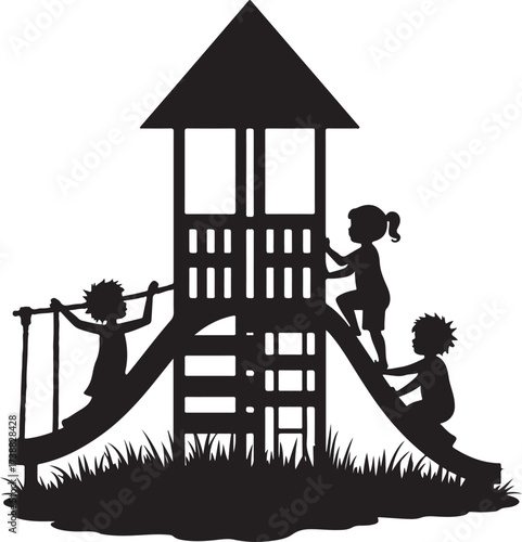 Black silhouette children playing on playground tower with slides